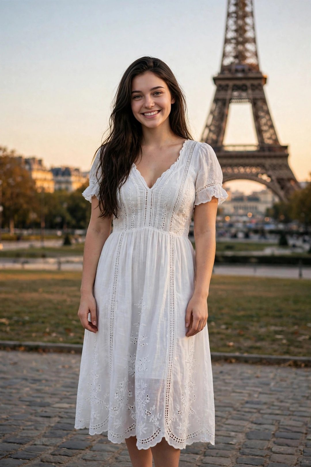 Vera con un vestido blanco bordado frente a la Torre Eiffel al atardecer, el primer día en París