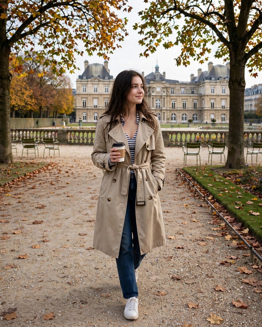 Vera paseando entre los árboles y las sillas verdes de los Jardines de Luxemburgo