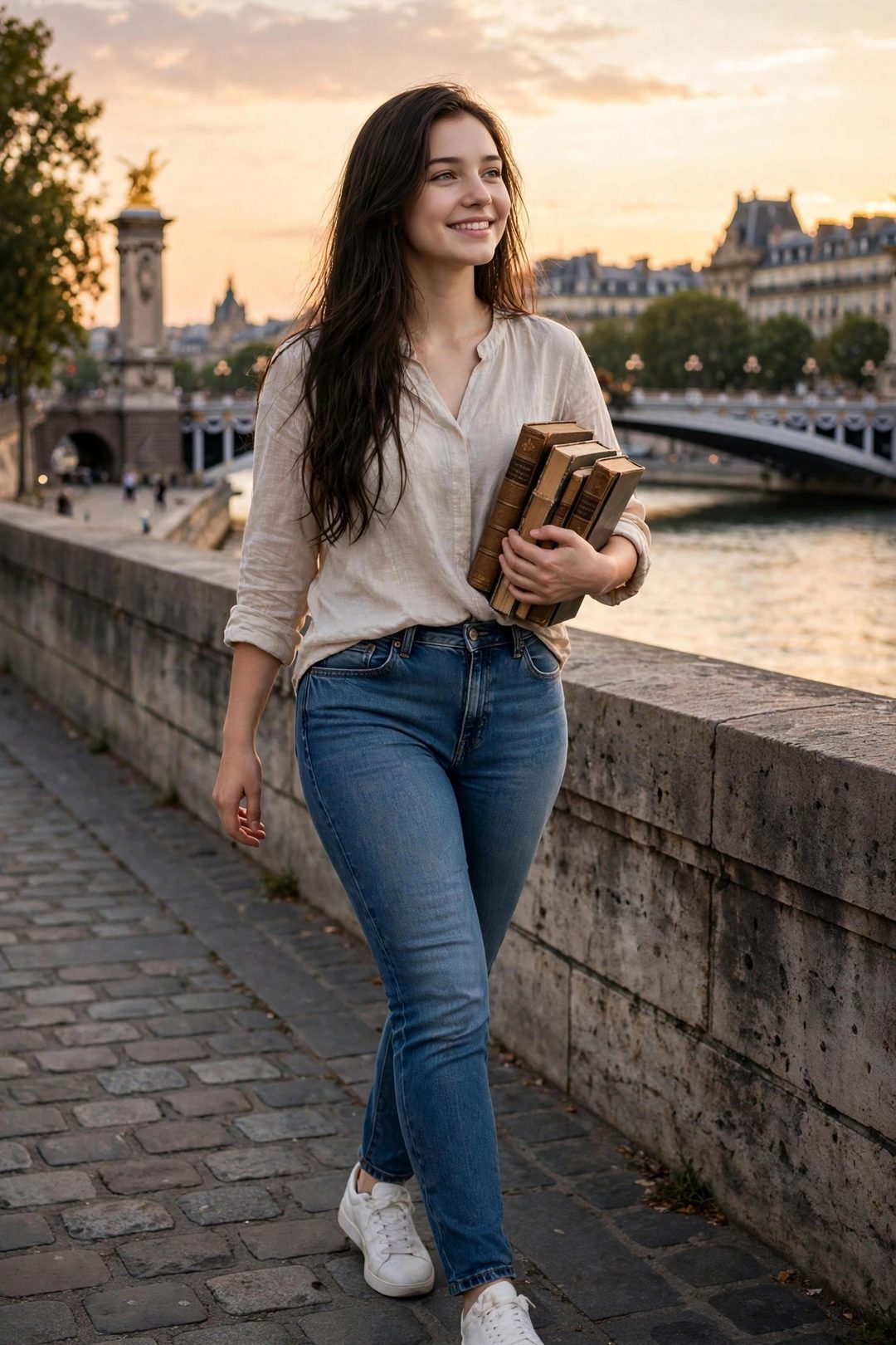 Vera paseando junto al río Sena al atardecer, con libros antiguos bajo el brazo y el puente de Alejandro III al fondo