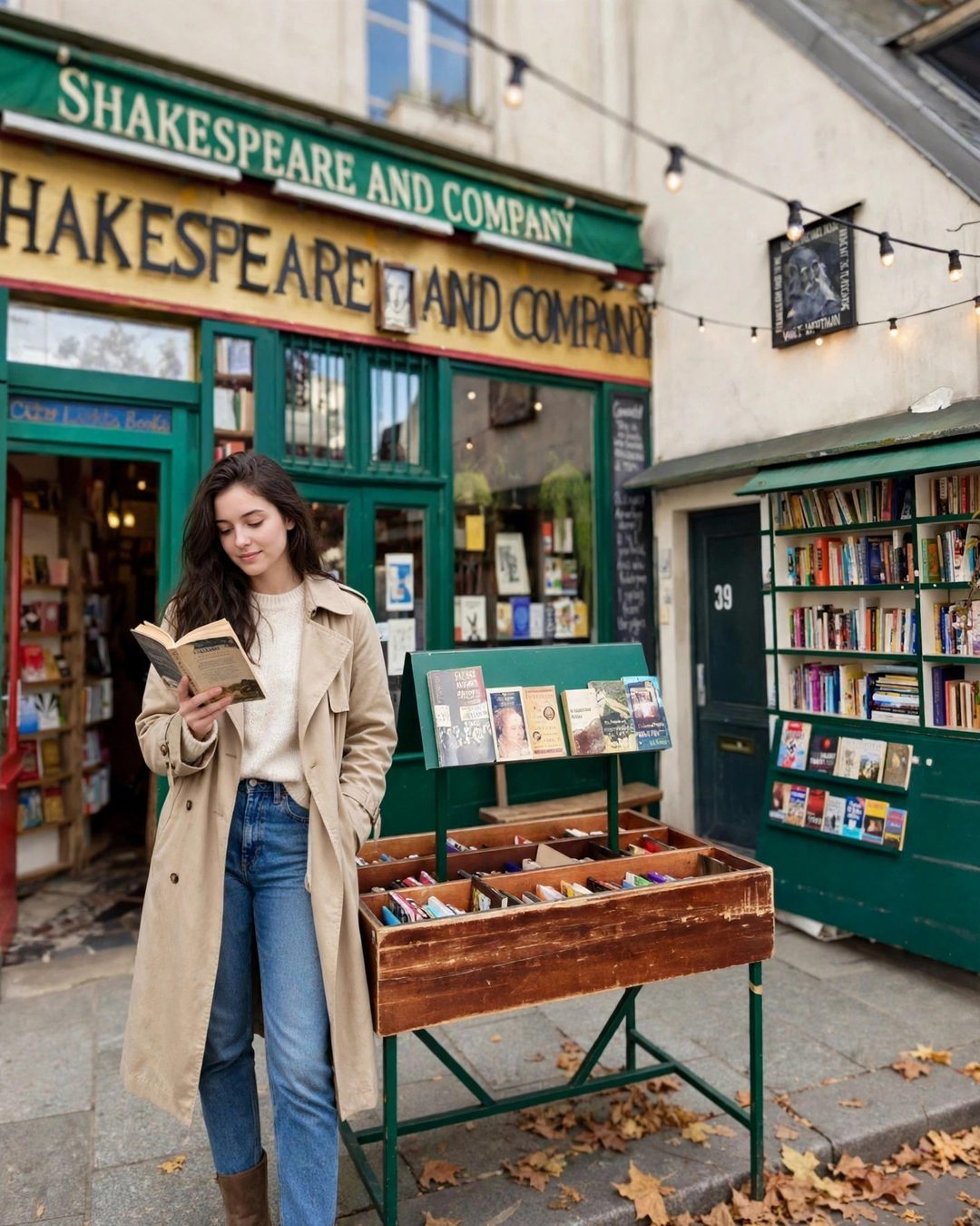 Vera hojeando libros en las estanterías exteriores de la librería Shakespeare and Company