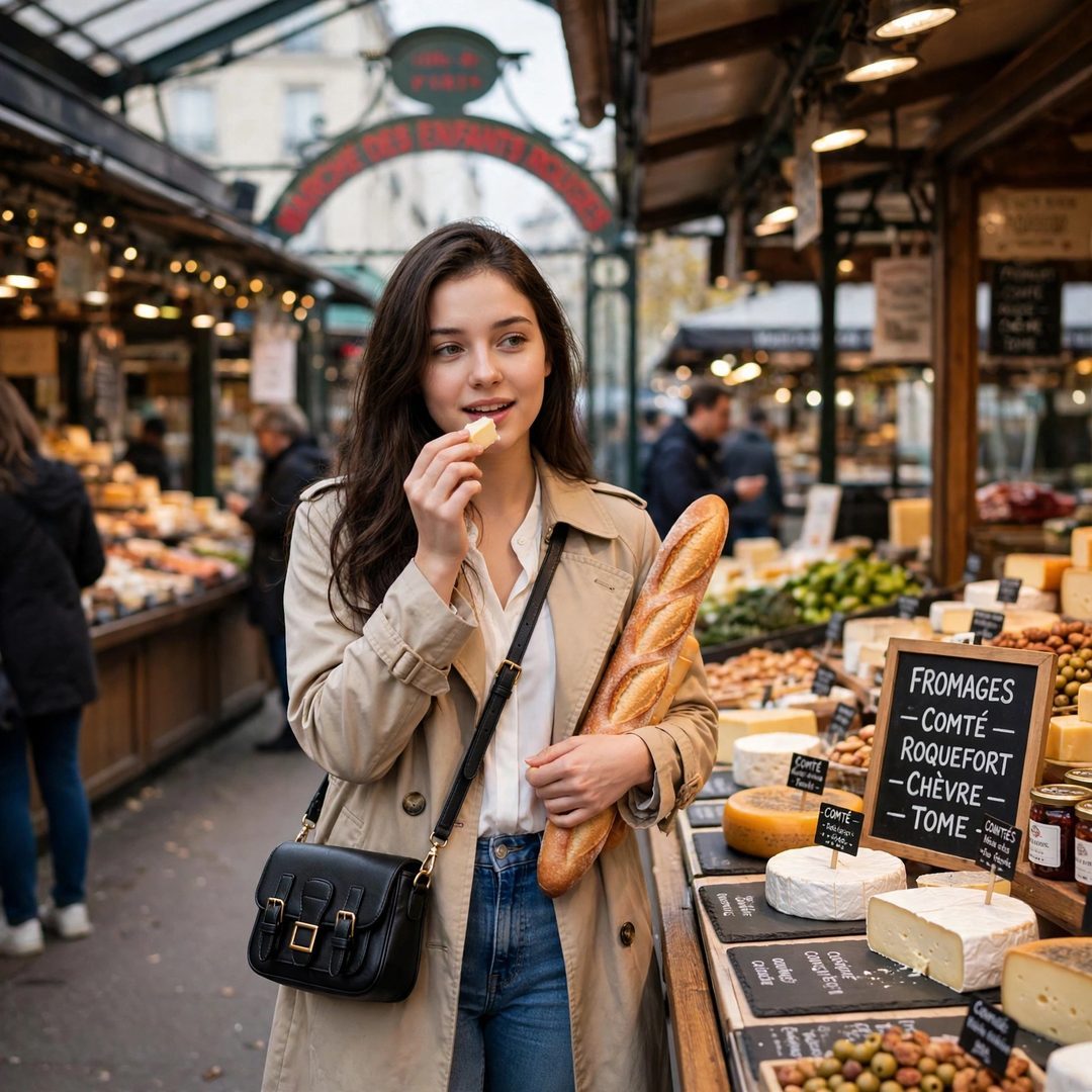 Vera en un puesto del Marché des Enfants Rouges probando productos del mercado