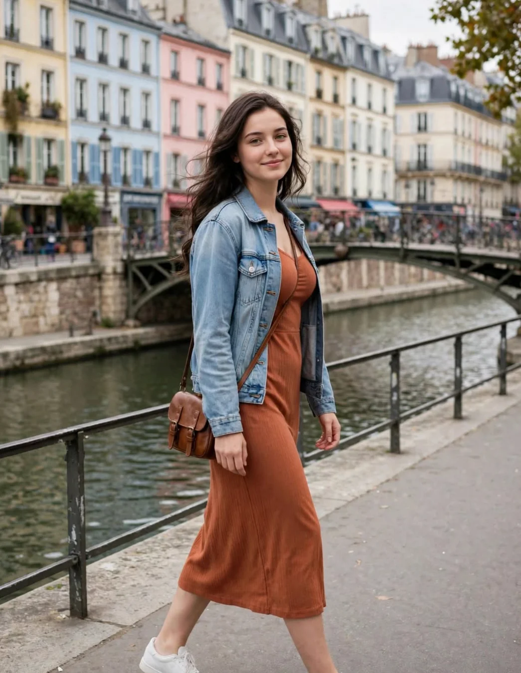 Vera en el Canal Saint-Martin con un vestido color teja